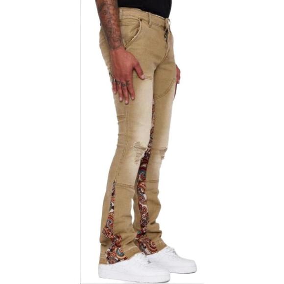 NWT VALABASAS Jeans Mens Size 29 Beige Patchwork Stacked Distressed Slim Fit - Picture 2 of 13